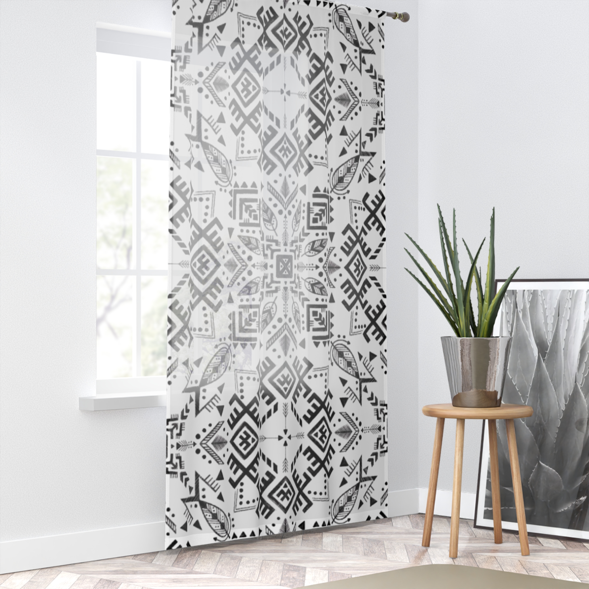 Geometric Boho Window Curtain – Black & White Tribal Pattern Sheer Panel