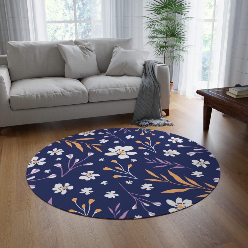 Navy Floral Round Rug – Cottagecore Boho Round Accent Mat
