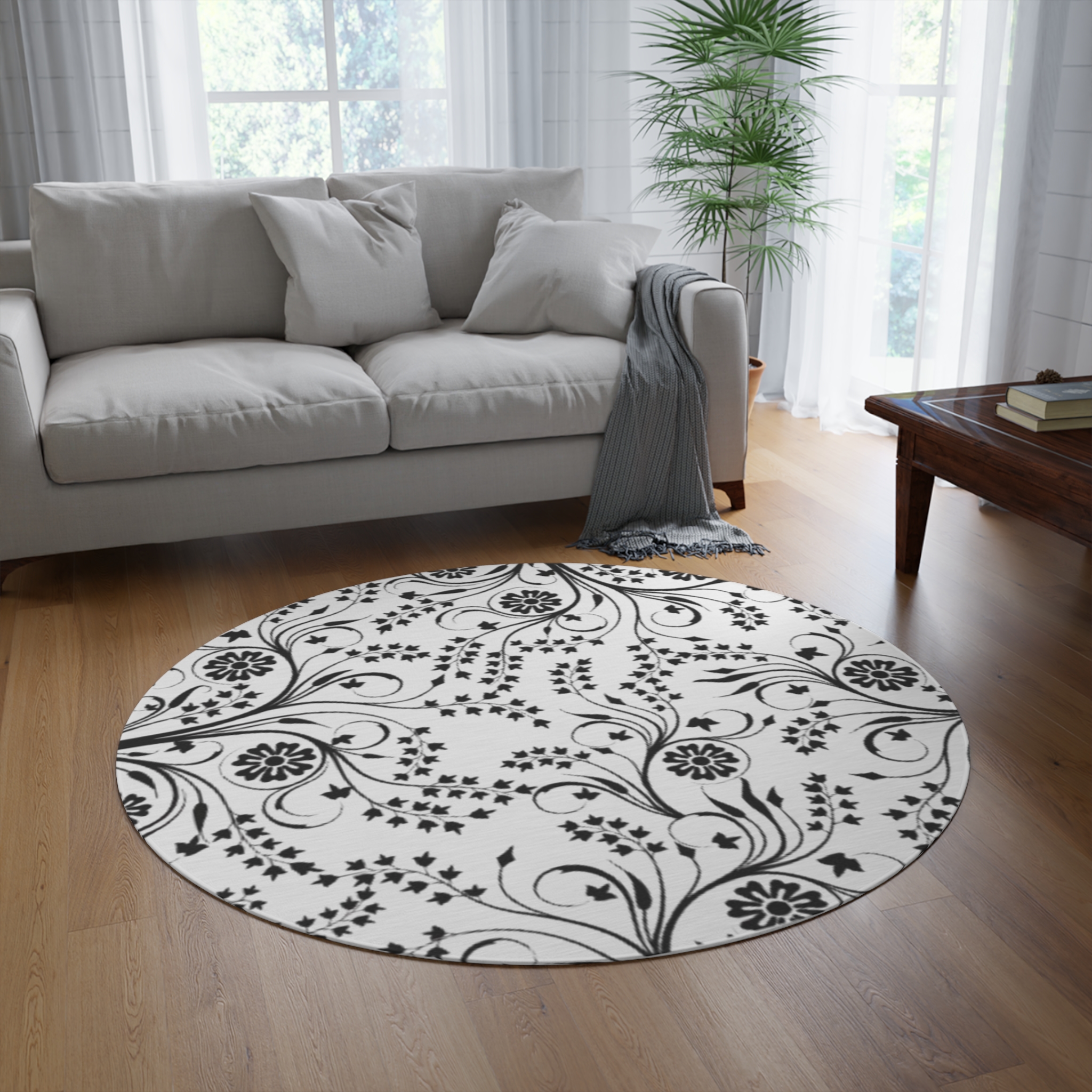 Floral Vine Round Rug — Black & White Decorative Area Mat - Image 4