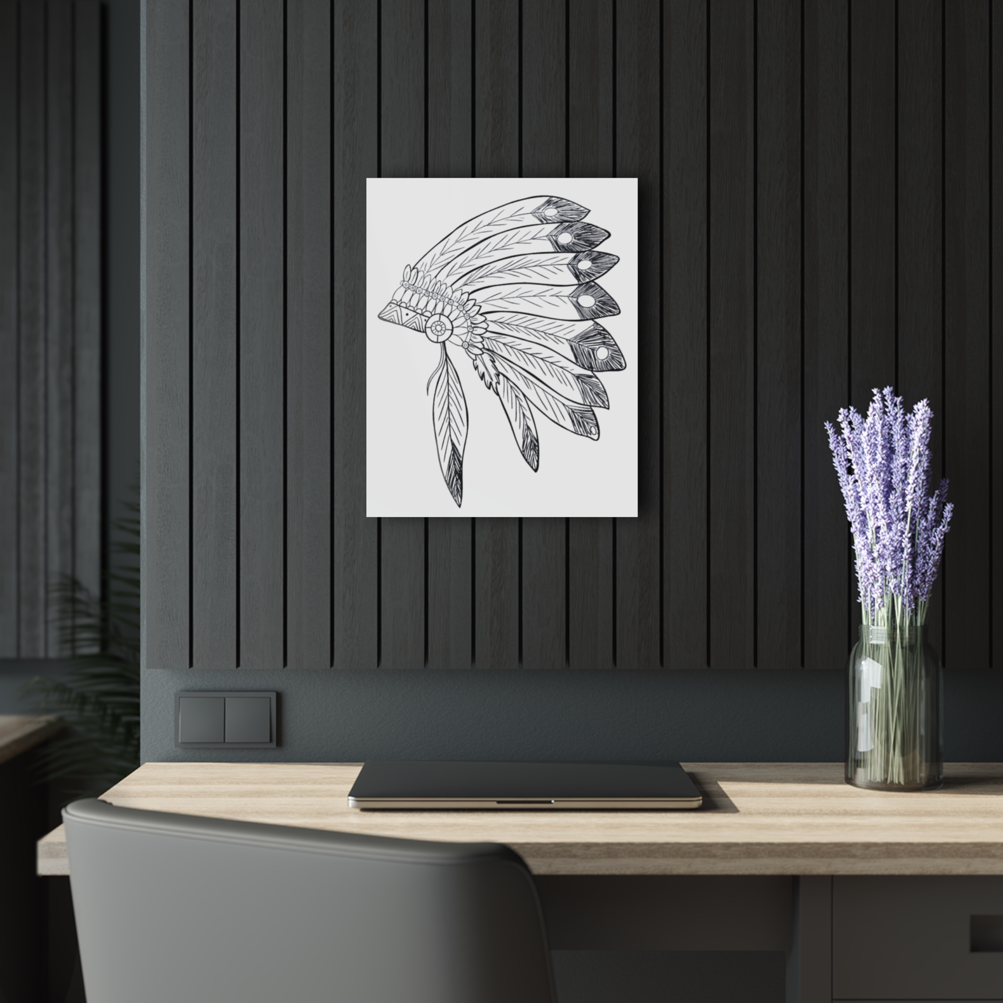 Acrylic Wall Art - Hand-Drawn Feather Headdress Print (French Cleat) - Image 15