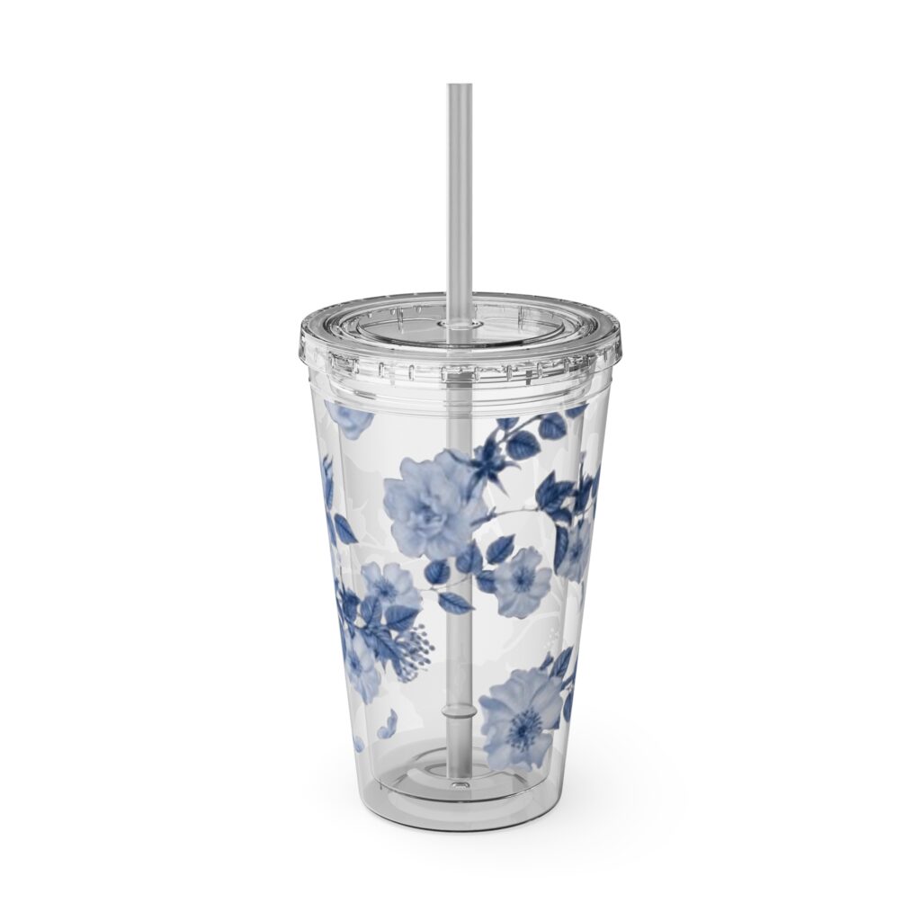 Blue Floral 16oz Tumbler with Straw — Clear Reusable Cup
