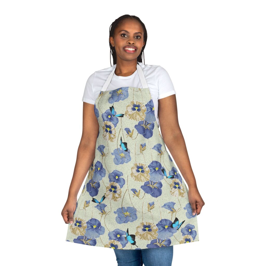 Floral Pansy Apron with Blue Butterflies — Garden-Inspired Kitchen Apron