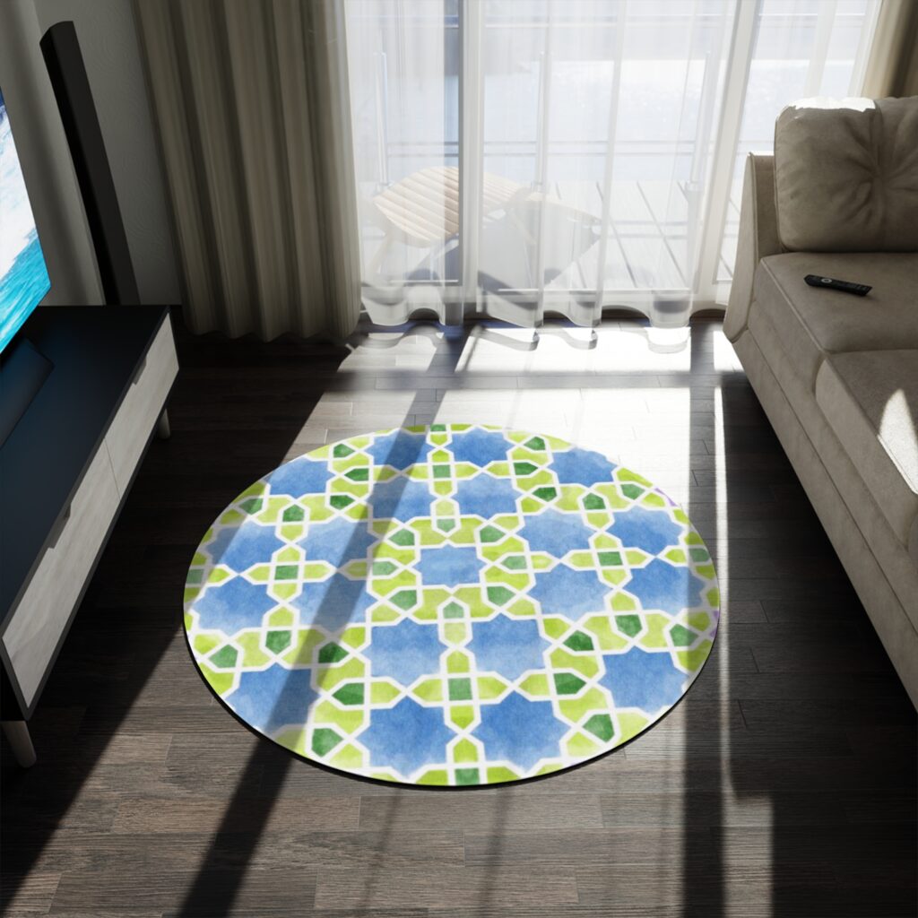 Blue and Green Geometric Moroccan Tile Round Rug