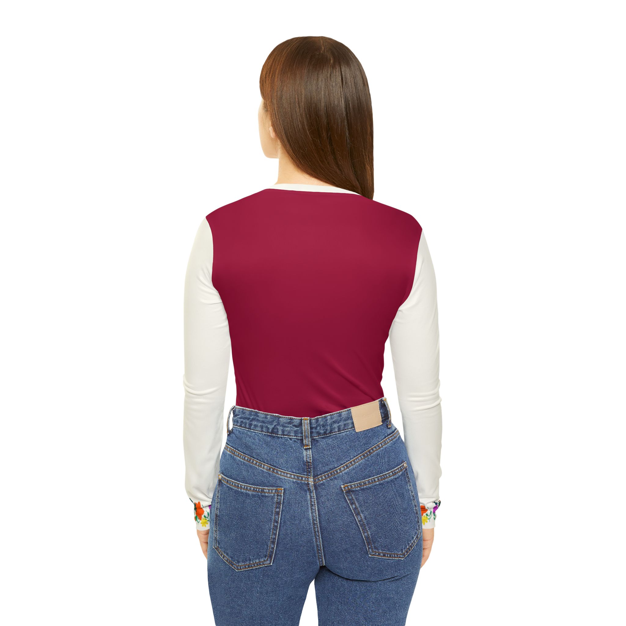 V-Neck Layered Look Long Sleeve Shirt | Burgundy Body Cream Sleeves - Image 5