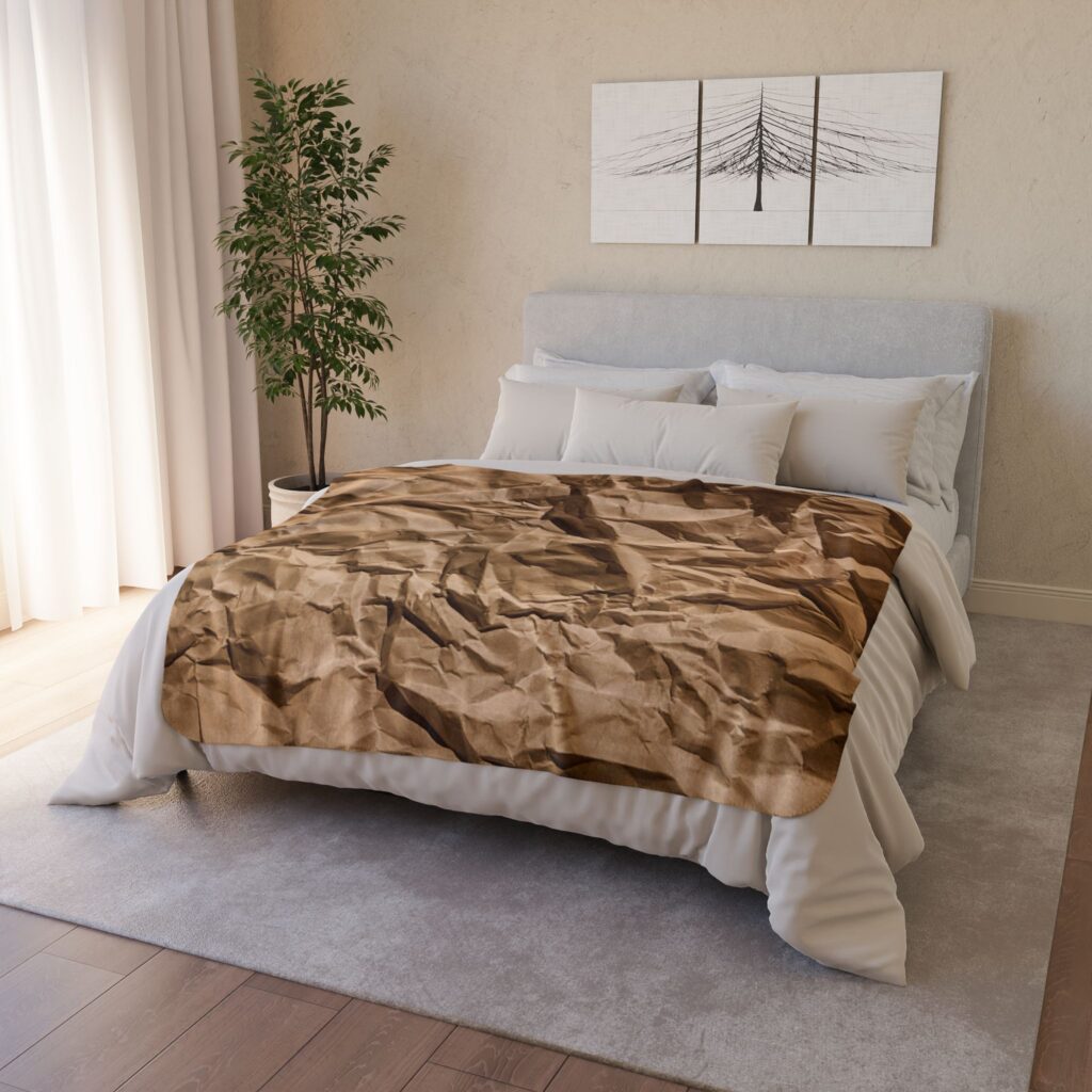 Crumpled Kraft Paper Sherpa Blanket — Cozy Rustic Decorative Throw