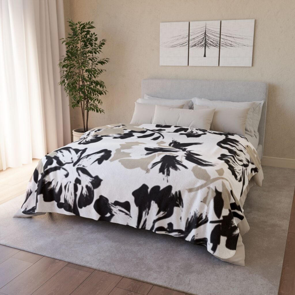 Black and Beige Floral Fleece Sherpa Blanket