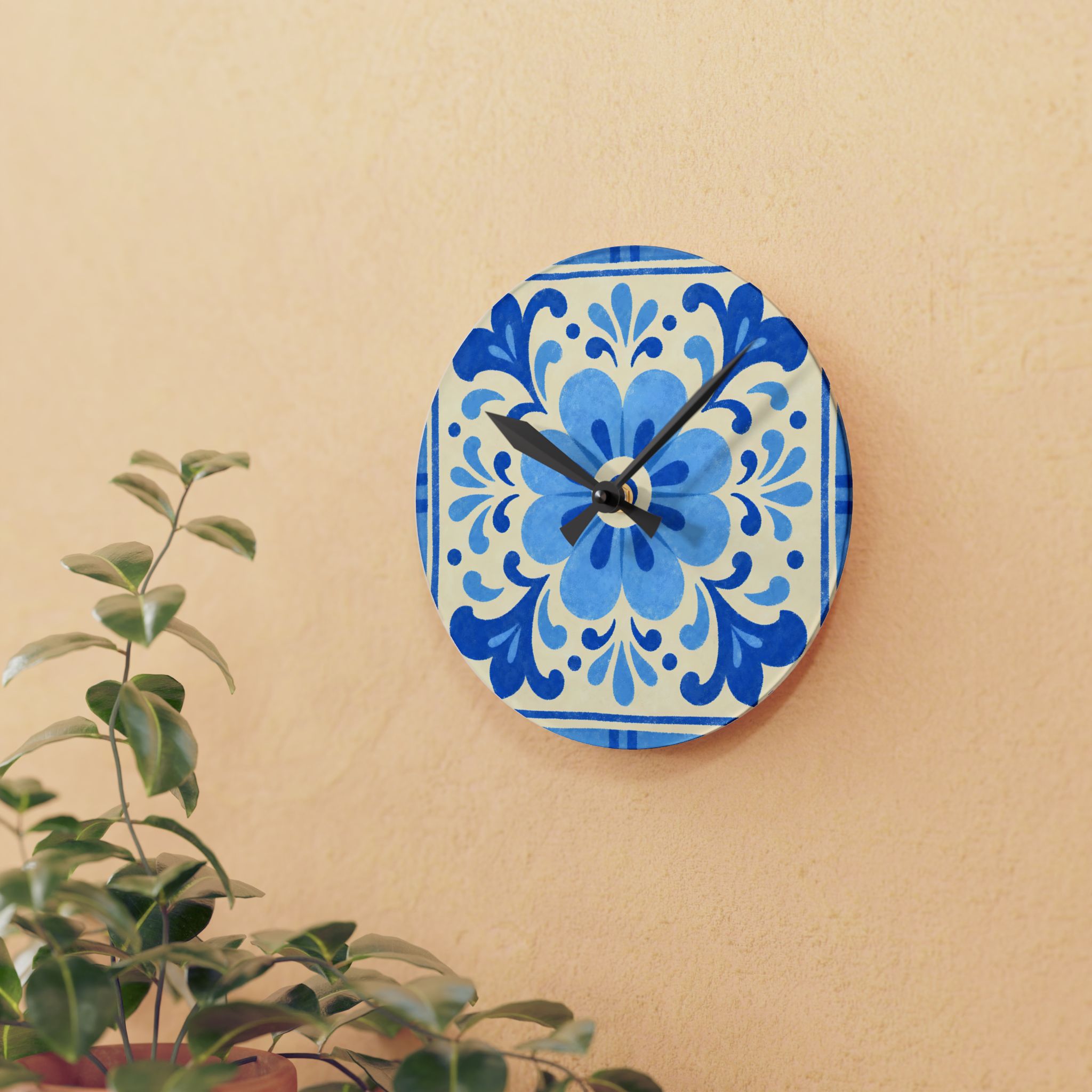Blue Floral Ceramic-Style Acrylic Wall Clock - Image 7