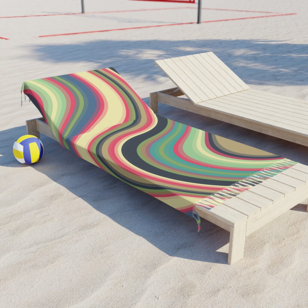 Boho Wave Beach Towel – Retro Swirl Turkish Fringe Towel