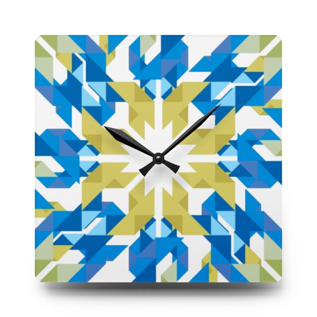 Geometric Blue & Yellow Snowflake Acrylic Wall Clock