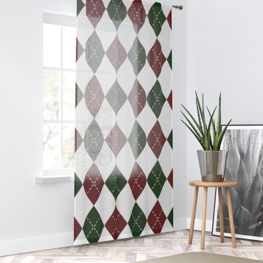 Argyle Pattern Window Curtain — Rustic Red & Green Geometric Drapes