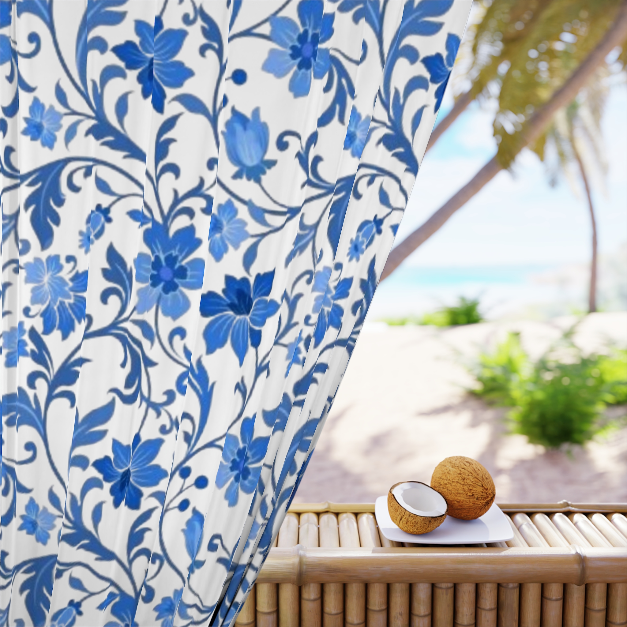Blue Floral Vine Window Curtain