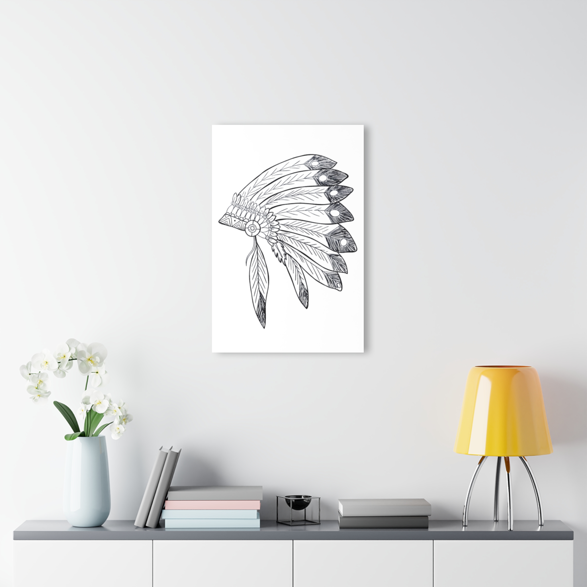 Acrylic Wall Art - Hand-Drawn Feather Headdress Print (French Cleat) - Image 5