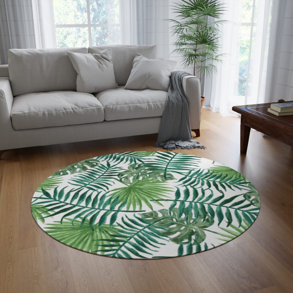 Tropical Palm Round Rug – Green Leaf Boho Area Mat