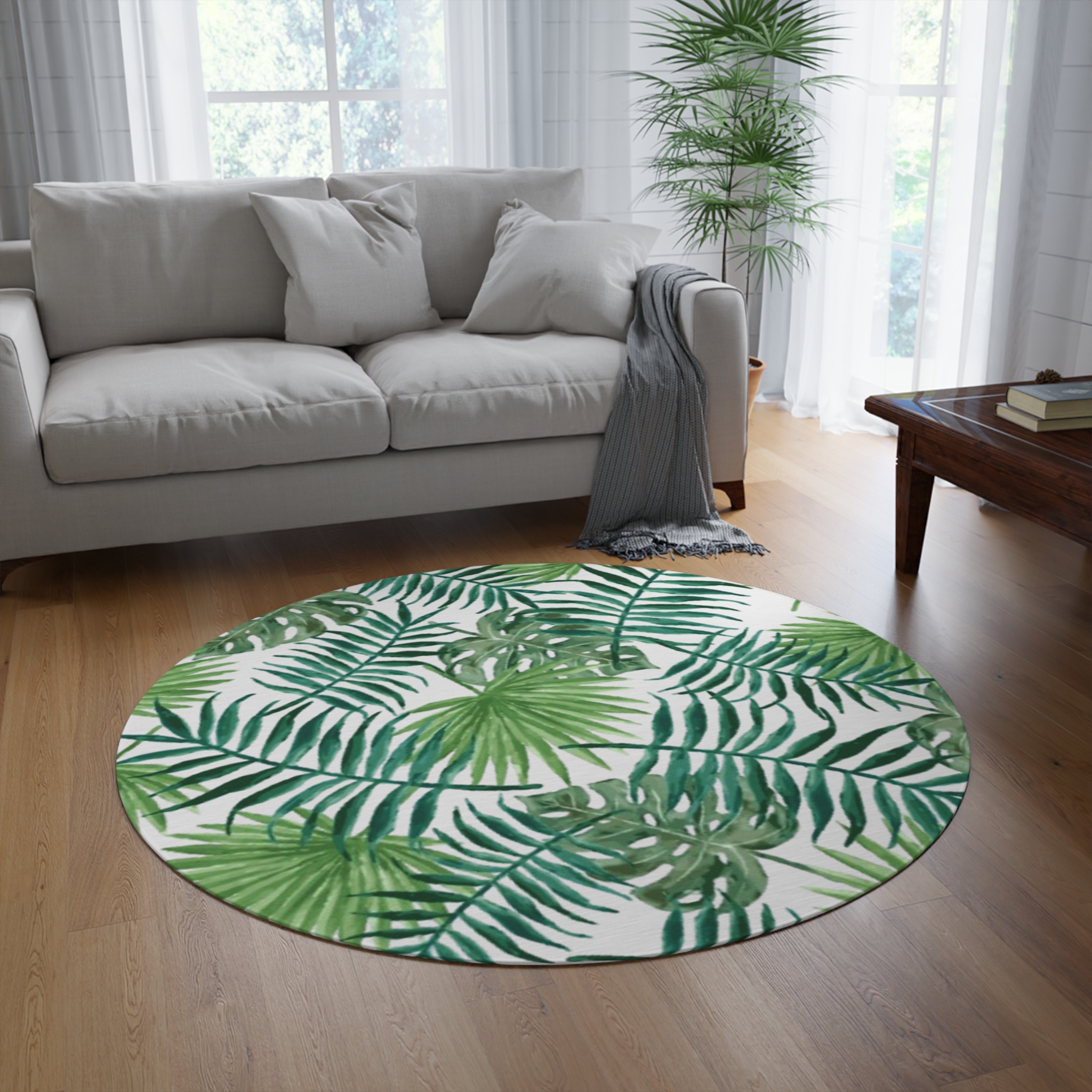 Tropical Palm Round Rug – Green Leaf Boho Area Mat