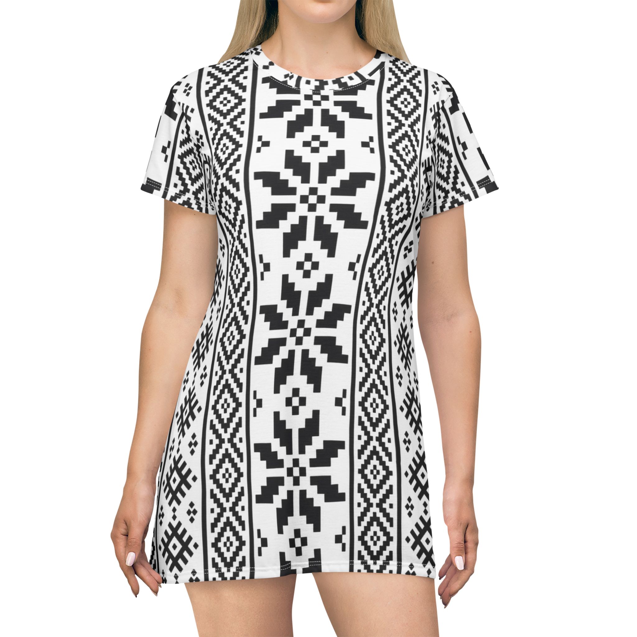 Nordic Pixel Snowflake T-Shirt Dress — Black & White All-Over Print
