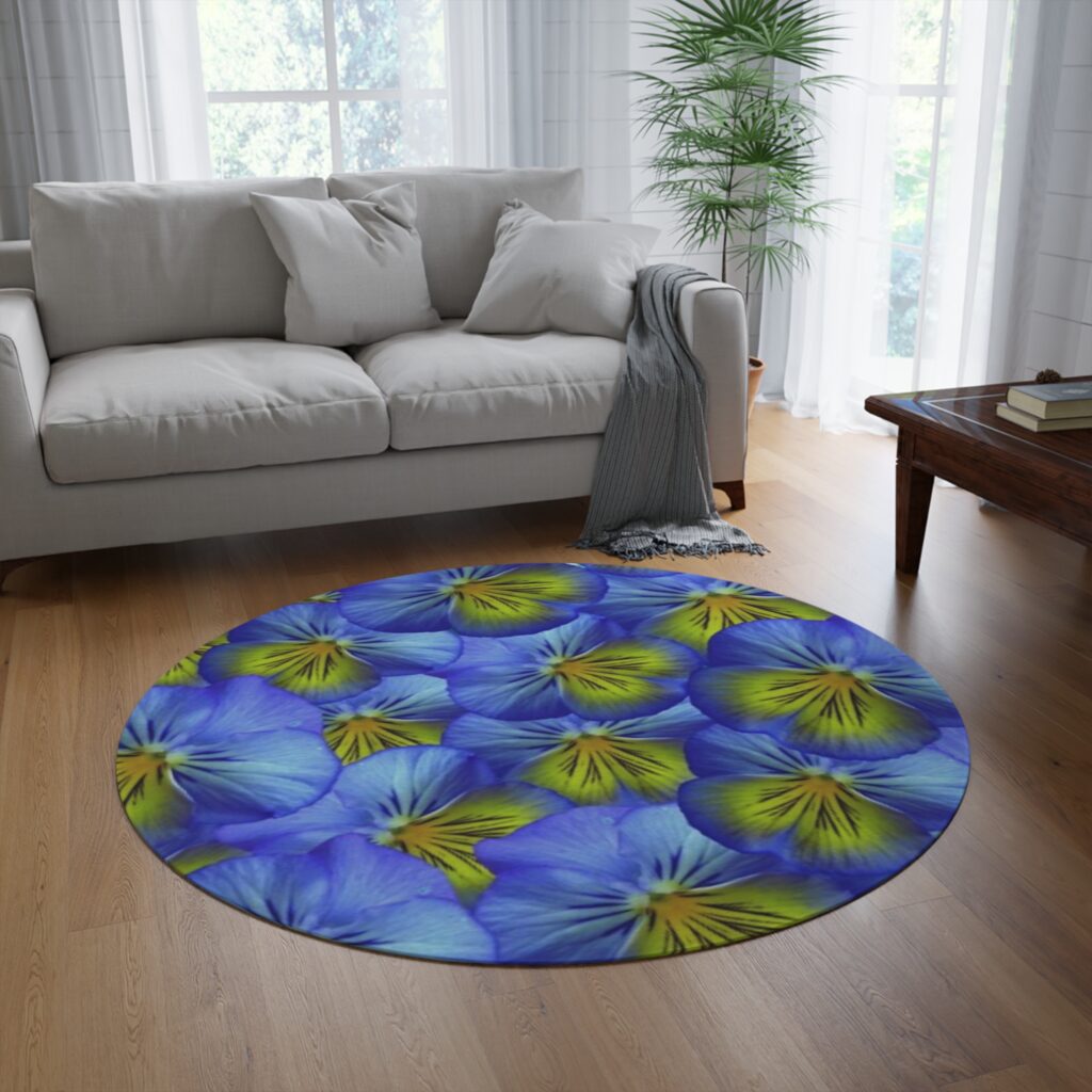 Blue Pansy Floral Round Rug