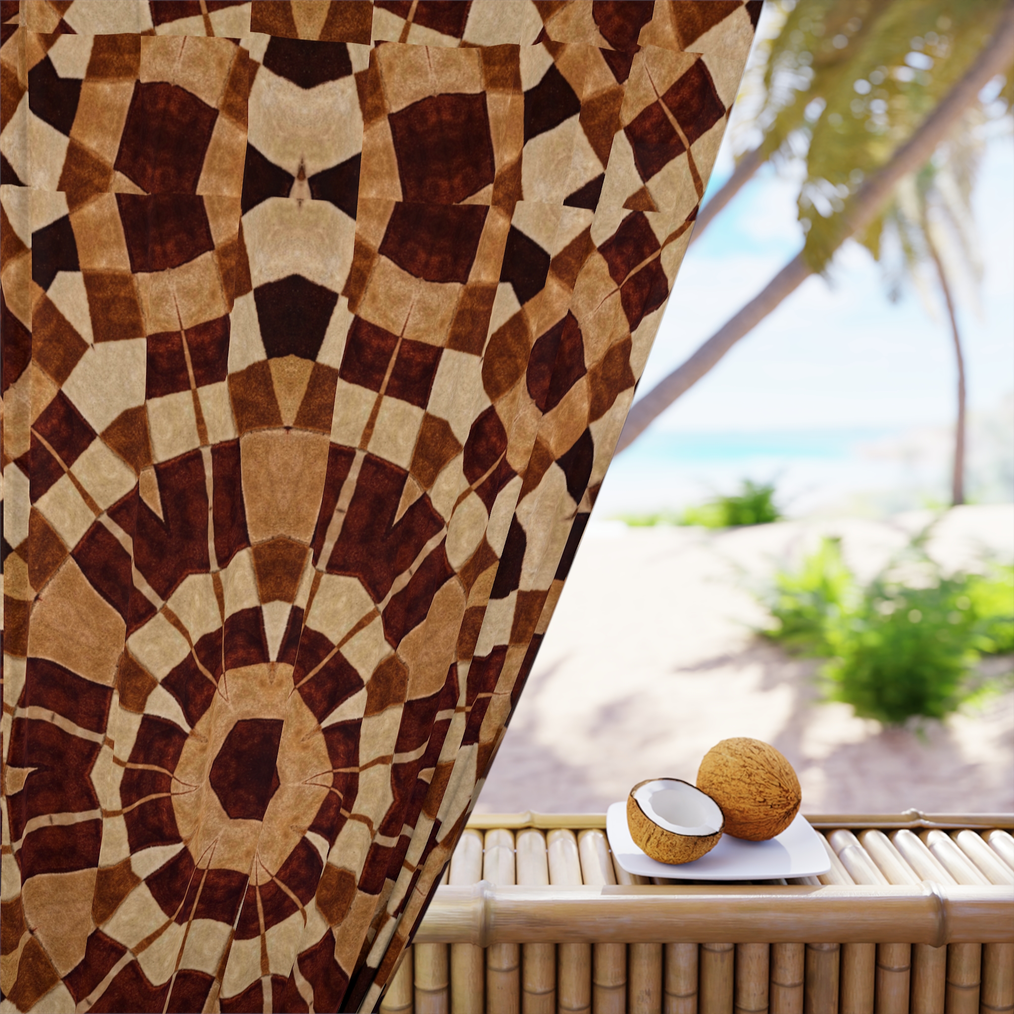 Bohemian Mosaic Window Curtain - Brown Geometric Tapestry Panel