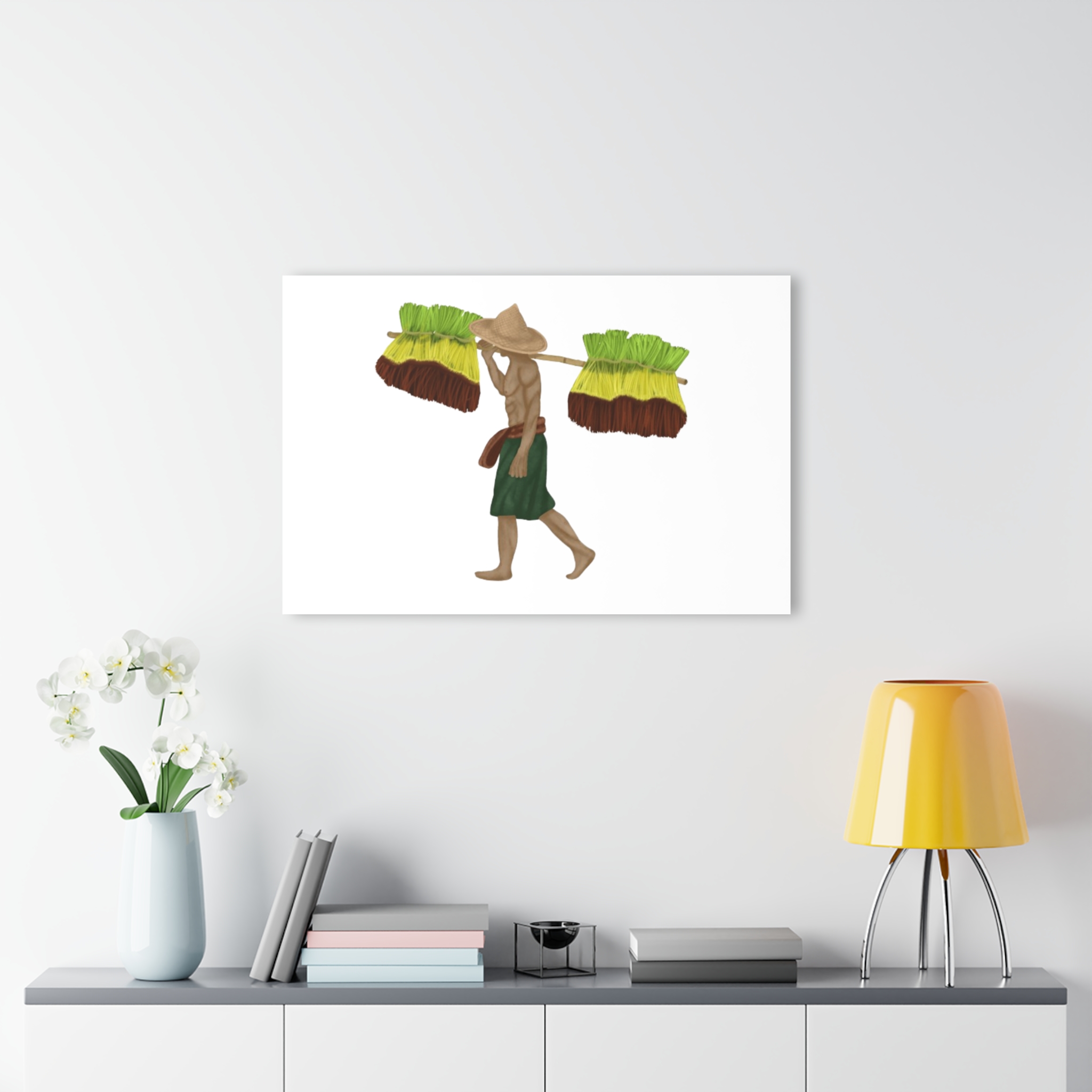 Acrylic Print – Market Vendor Carrying Brooms (French Cleat Wall Art)