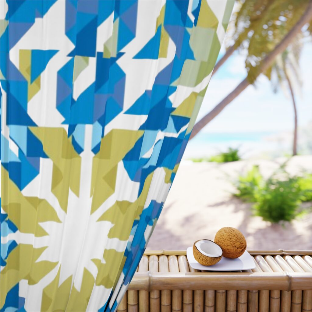 Geometric Blue & Olive Sunburst Window Curtain