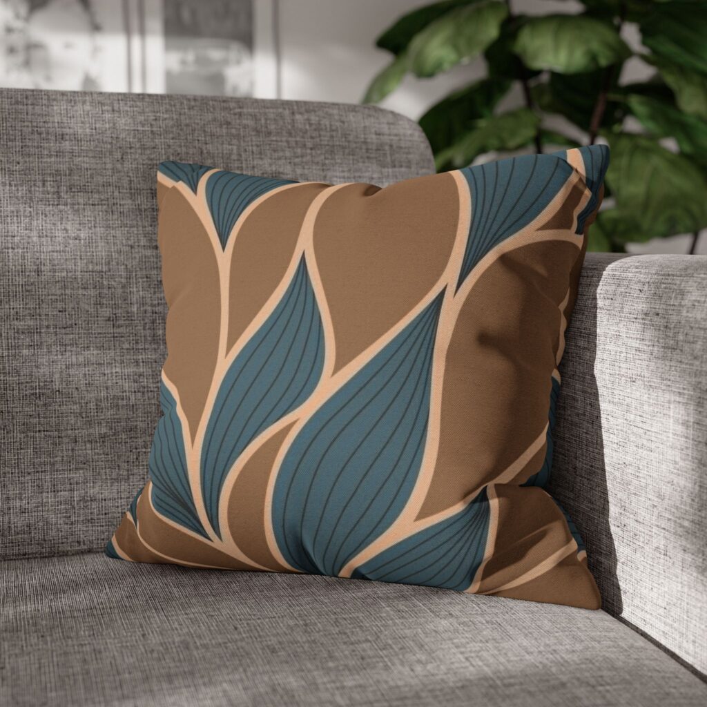 Mid-Century Modern Teal and Brown Abstract Leaf Square Pillowcase