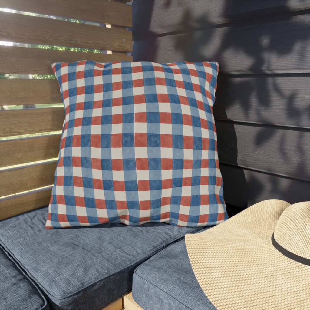 Patriotic Red White & Blue Gingham Outdoor Pillow