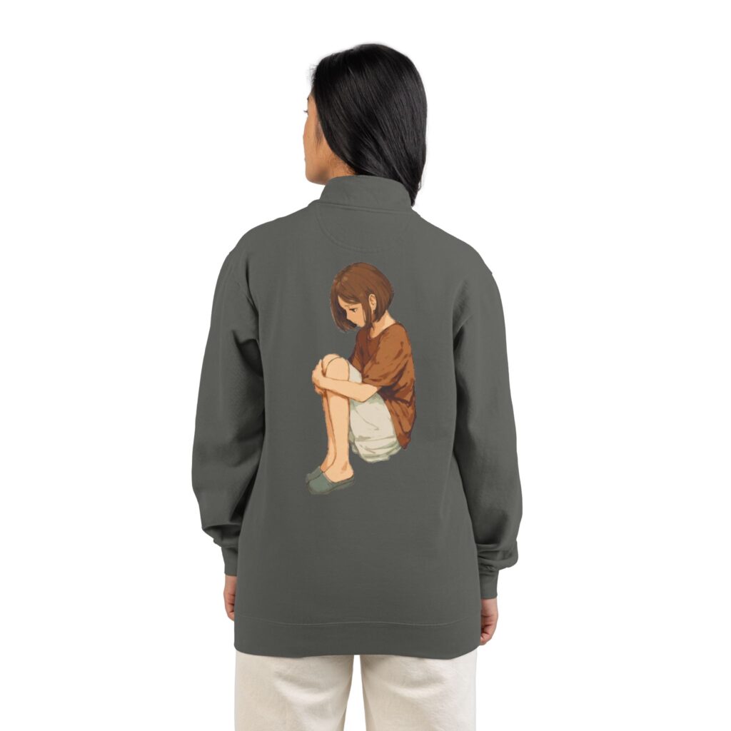 Quarter-Zip Sweatshirt with Seated Girl Illustration