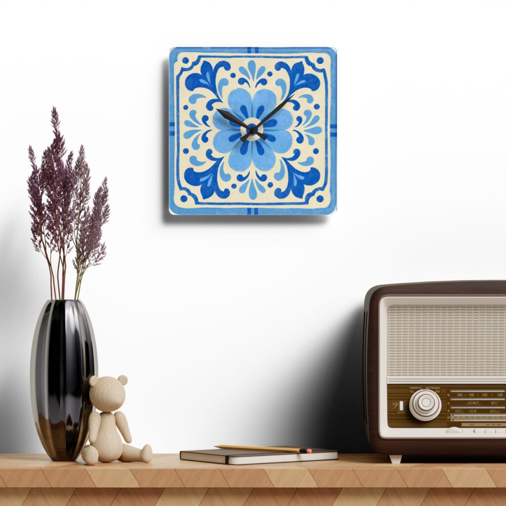 Blue Floral Ceramic-Style Acrylic Wall Clock