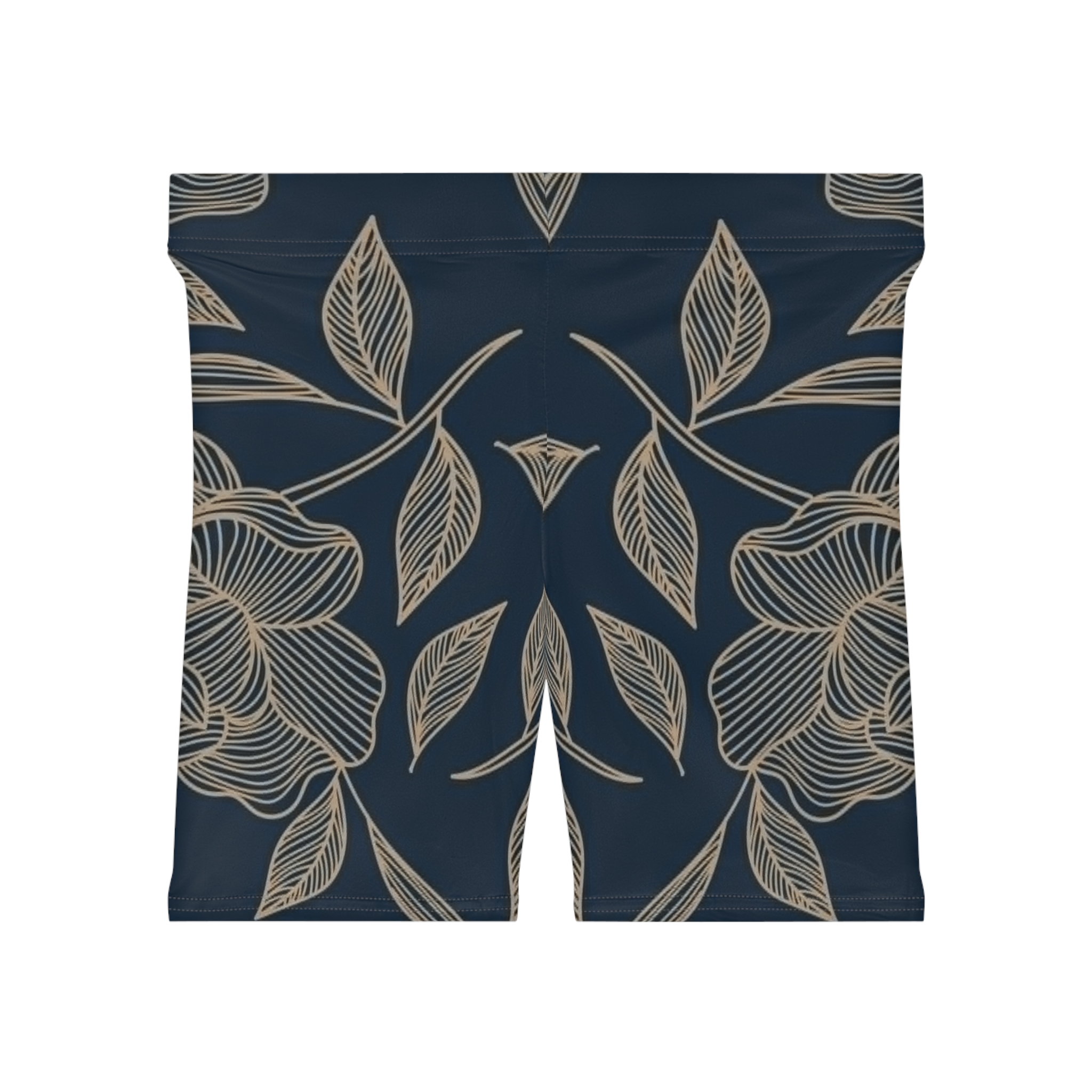 Navy Floral Line Art Biker Shorts | Botanical Leaf Pattern AOP - Image 2