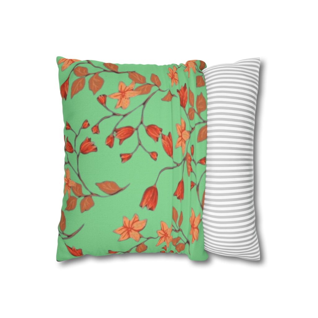 Botanical Floral Square Pillowcase – Green and Orange Wildflower Pattern