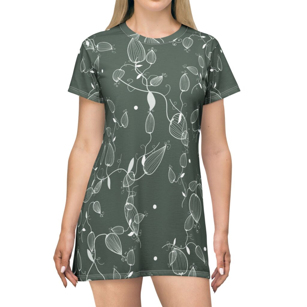 Botanical Leaf Print T-Shirt Dress — Subtle Green All-Over Floral AOP
