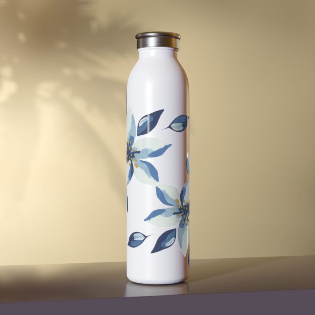 Blue Watercolor Floral Slim Water Bottle | Botanical Floral Bottle