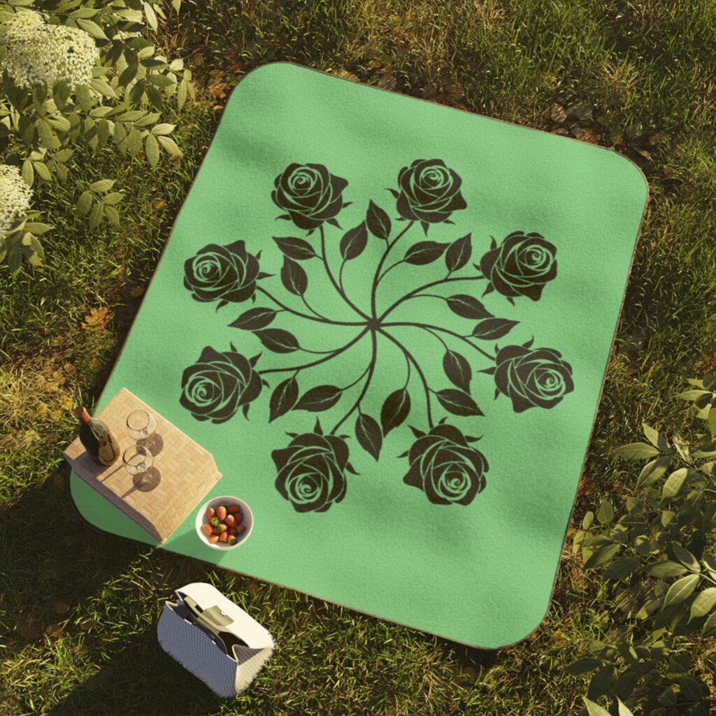 Floral Rose Mandala Picnic Blanket — Green Outdoor Throw