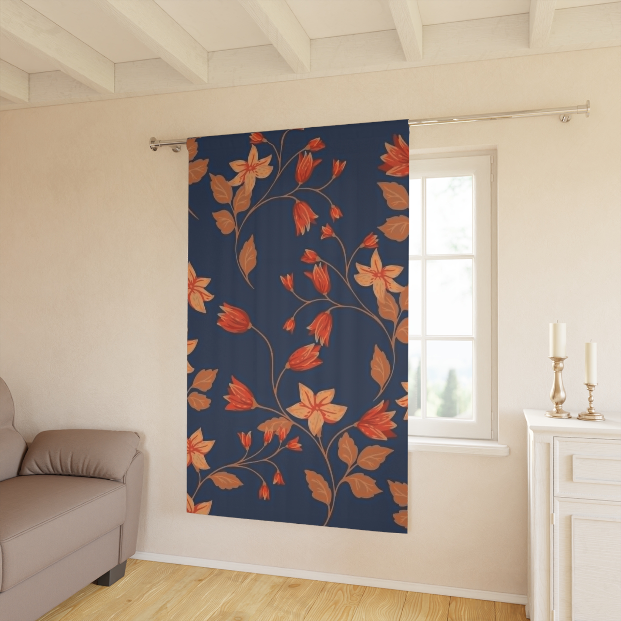 Floral Curtain Panel — Navy Blue with Orange Tulip Vines - Image 3