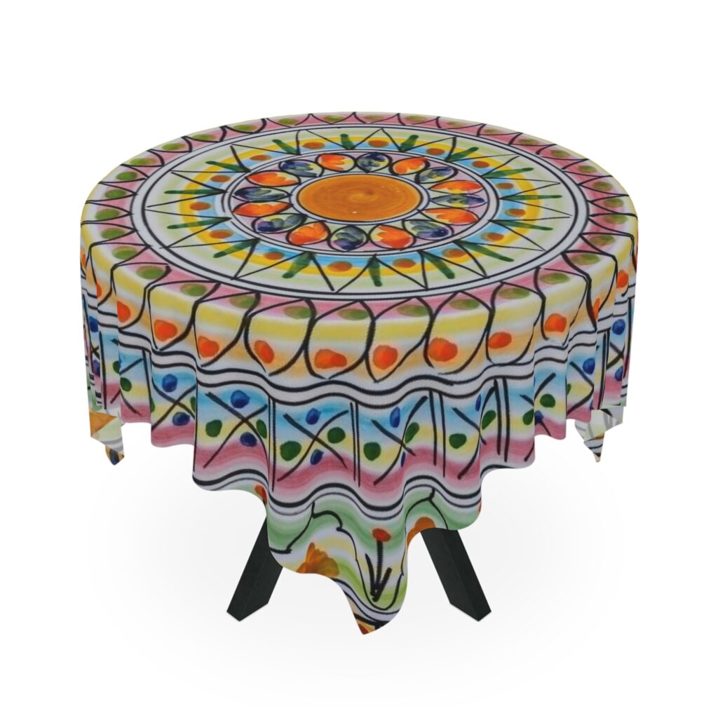 Mediterranean Mandala Tablecloth — Colorful Hand-Painted Ceramic Tile Design