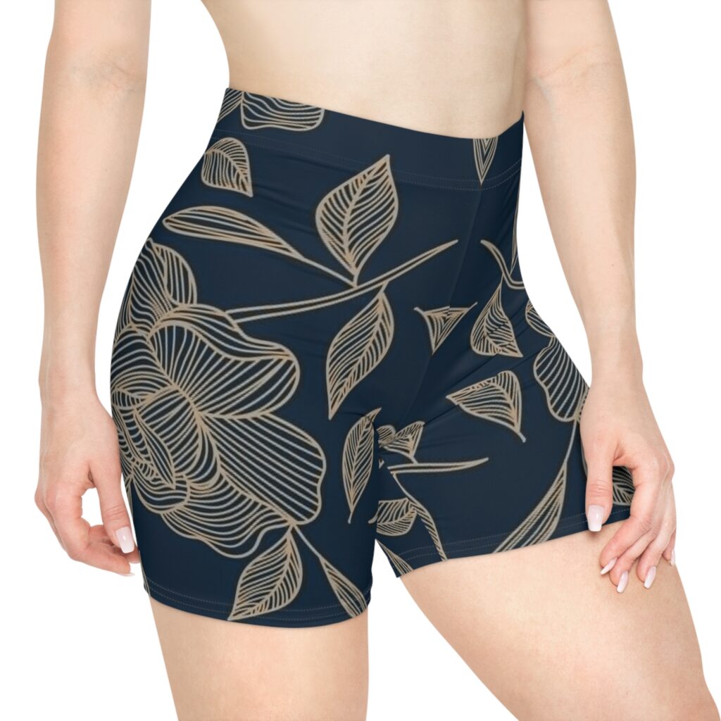 Navy Floral Line Art Biker Shorts | Botanical Leaf Pattern AOP