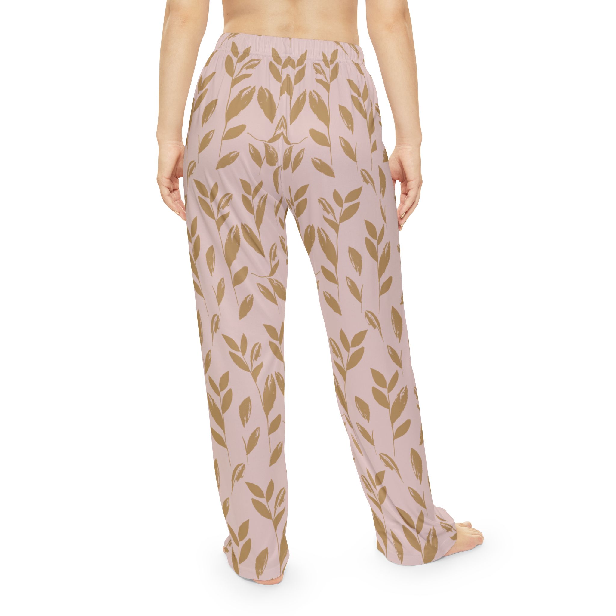 Leaf Pattern Women's Pajama Pants – Pink & Gold Relaxed Lounge Sleepwear - Image 4