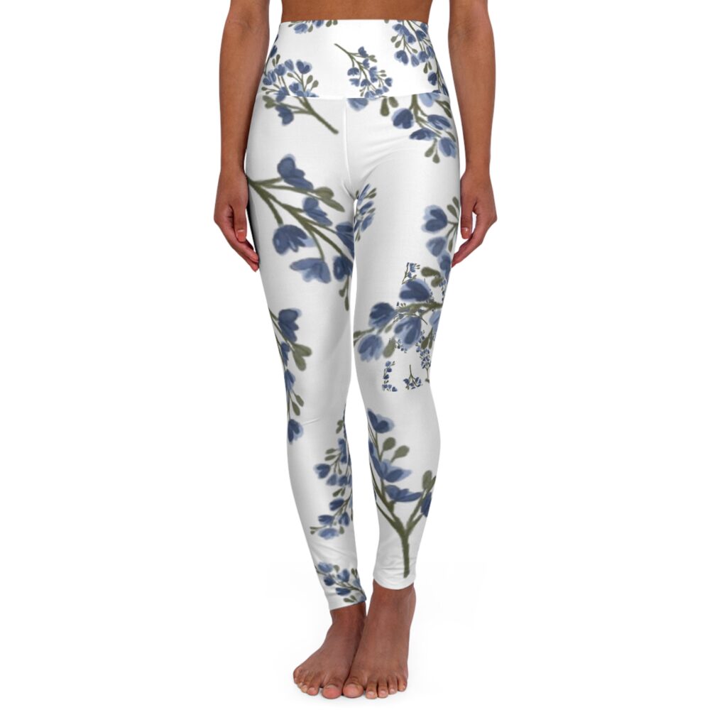 Blue Watercolor Wreath Floral Leggings | High Waisted Yoga Leggings
