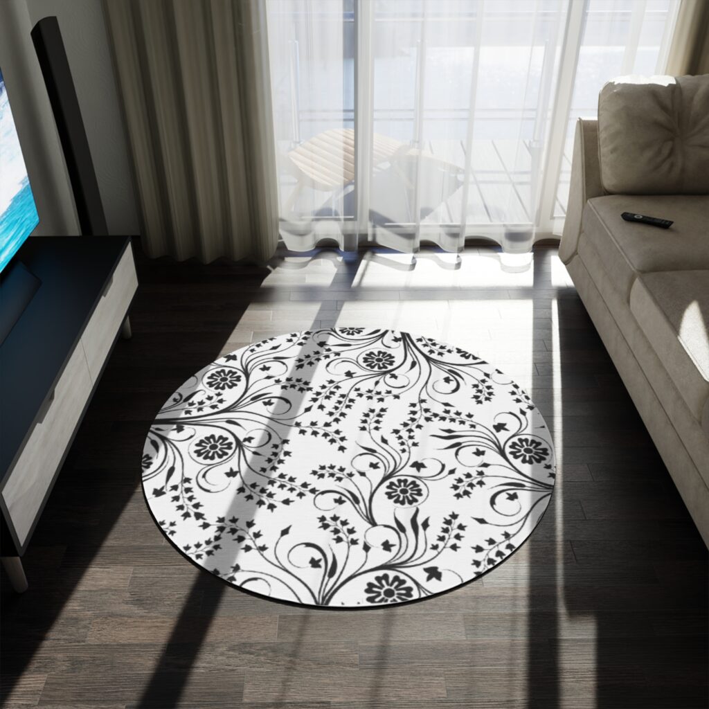 Floral Vine Round Rug — Black & White Decorative Area Mat