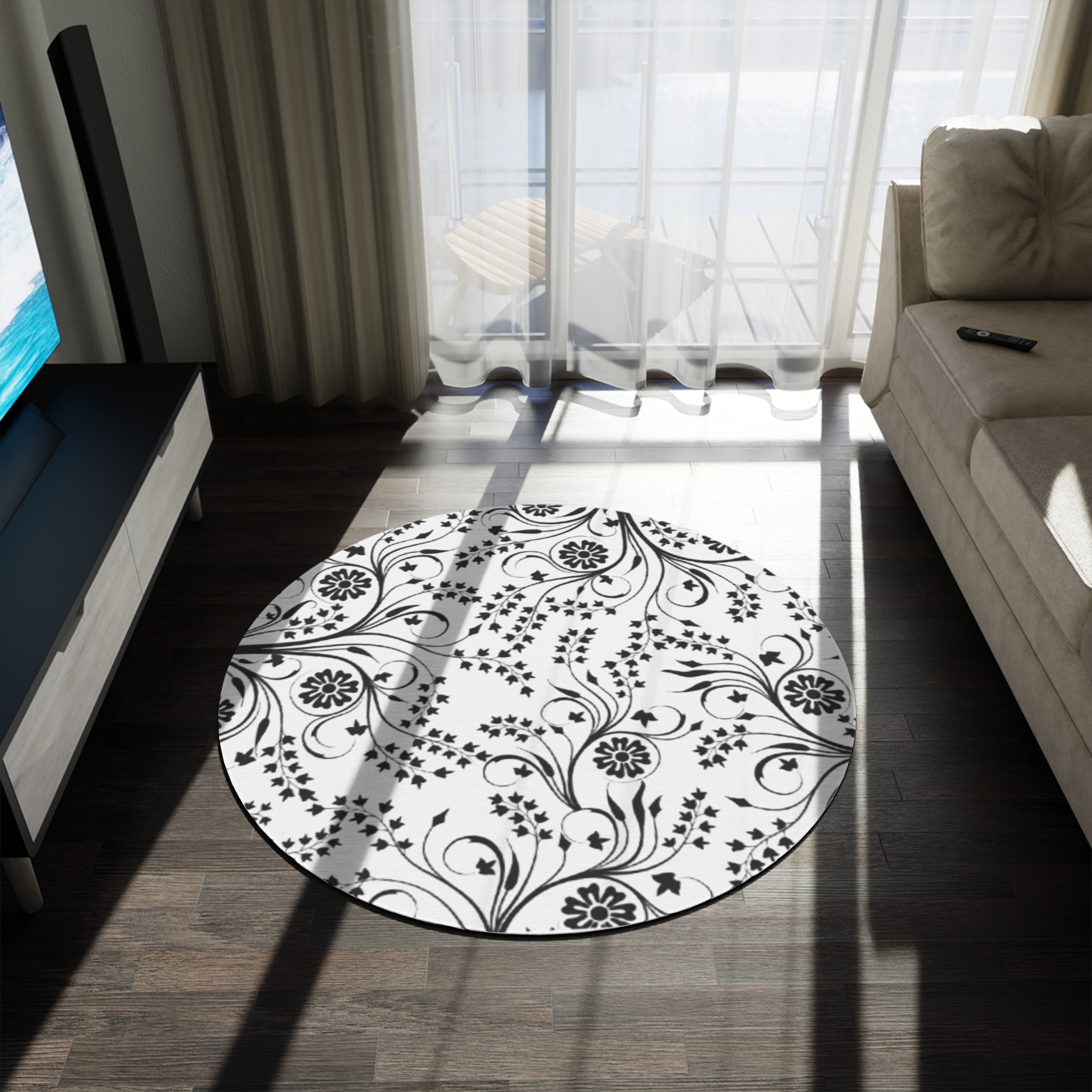 Floral Vine Round Rug — Black & White Decorative Area Mat