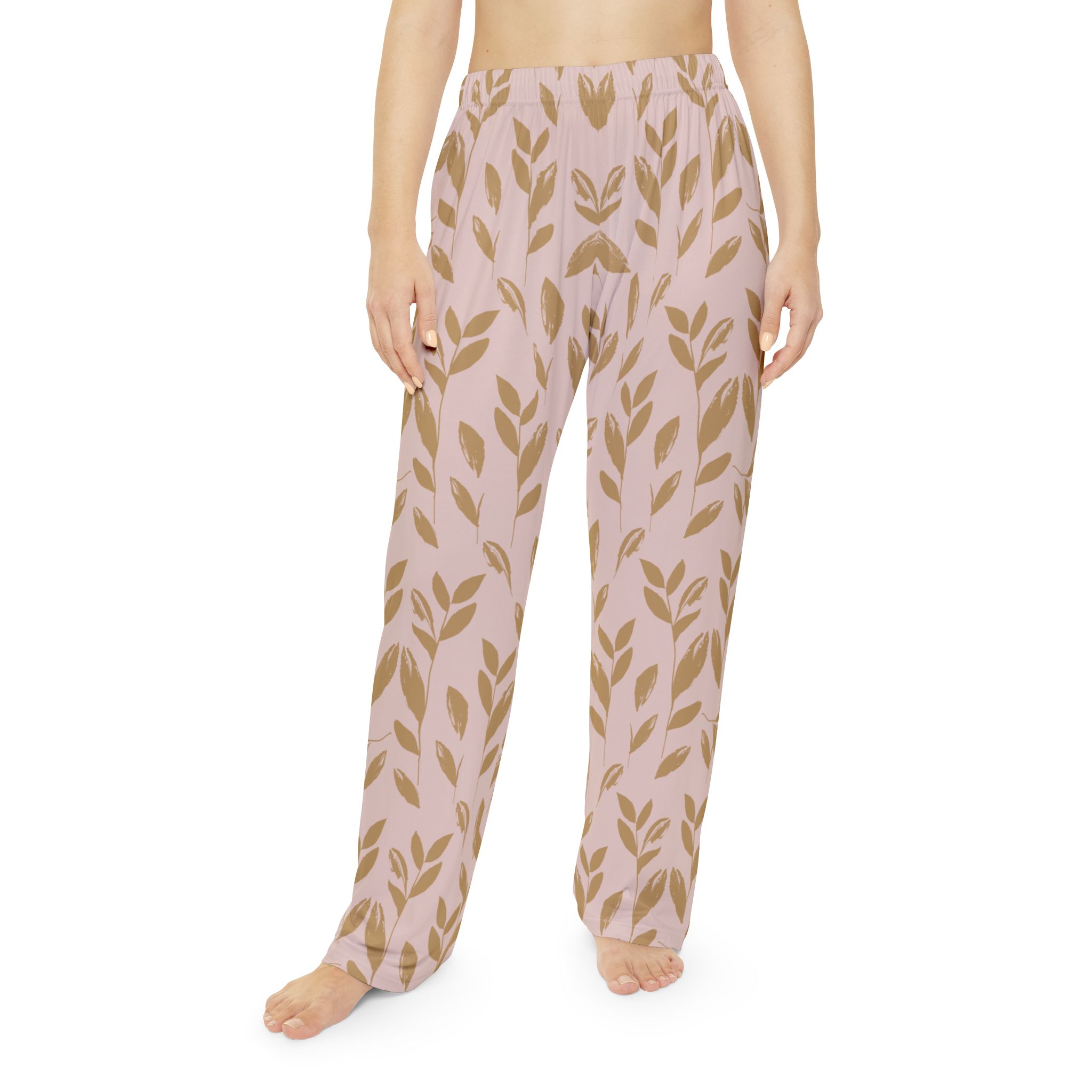 Leaf Pattern Women's Pajama Pants – Pink & Gold Relaxed Lounge Sleepwear