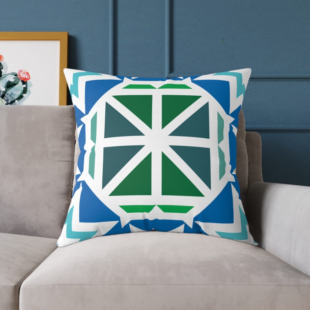 Geometric Blue and Green Square Pillow