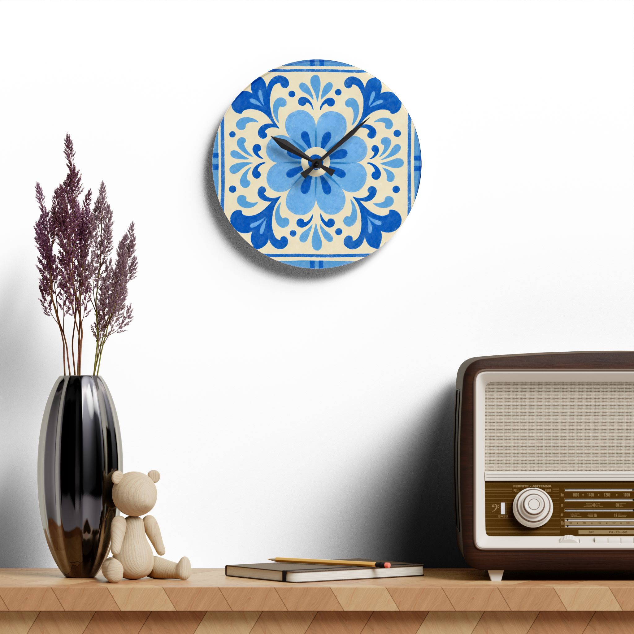 Blue Floral Ceramic-Style Acrylic Wall Clock - Image 12