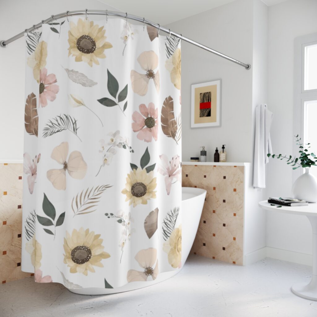 Neutral Watercolor Floral Shower Curtain | Sunflower, Botanicals, Beige Blush