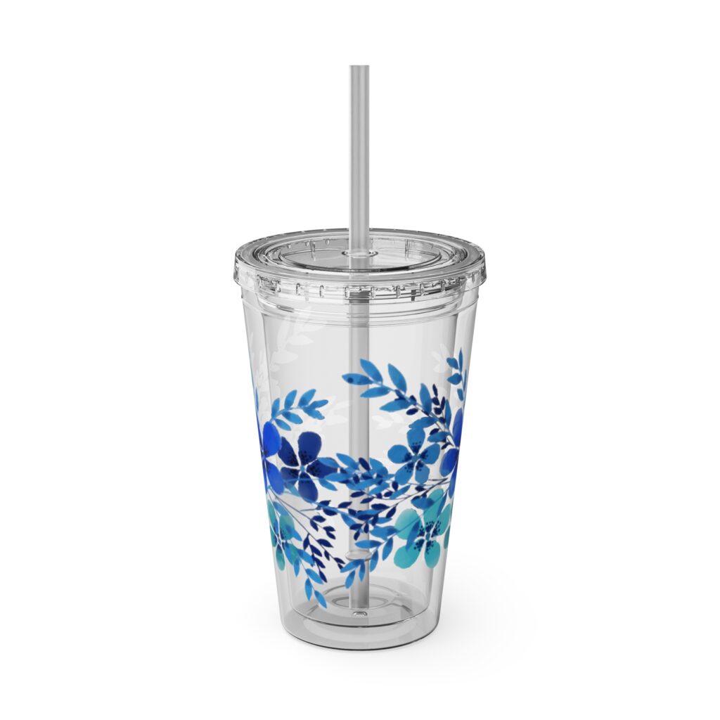 Blue Watercolor Floral Tumbler 16oz with Straw | Clear Floral Cup