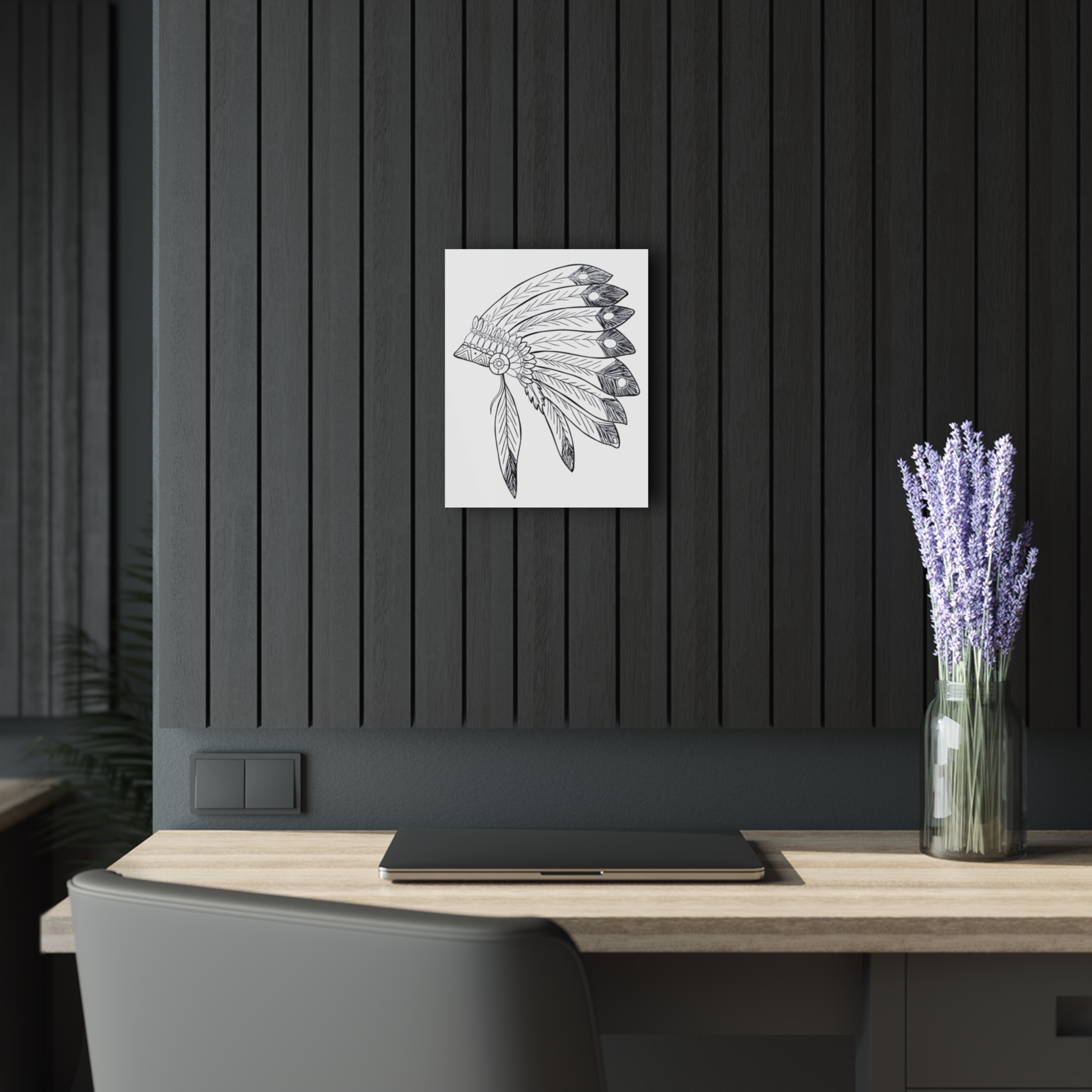 Acrylic Wall Art - Hand-Drawn Feather Headdress Print (French Cleat) - Image 10