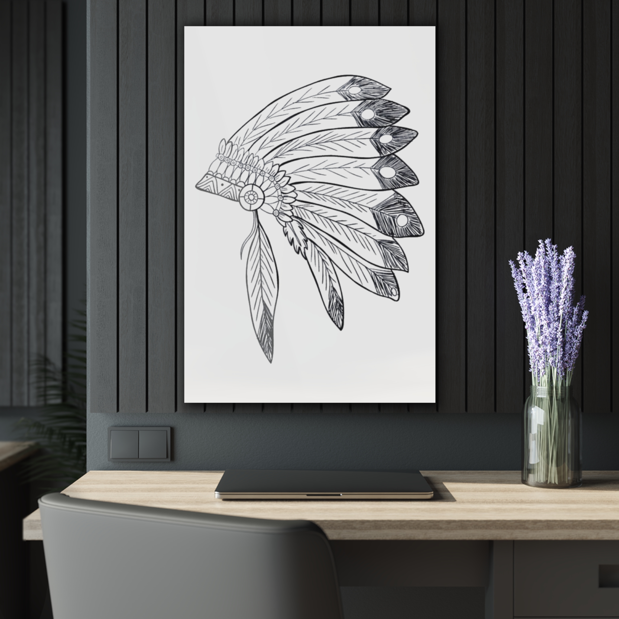 Acrylic Wall Art - Hand-Drawn Feather Headdress Print (French Cleat) - Image 20