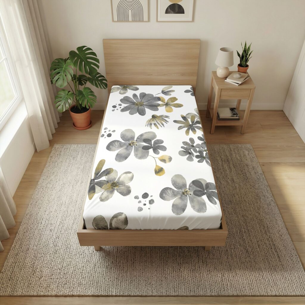 Gray and Gold Floral Twin Flat Sheet