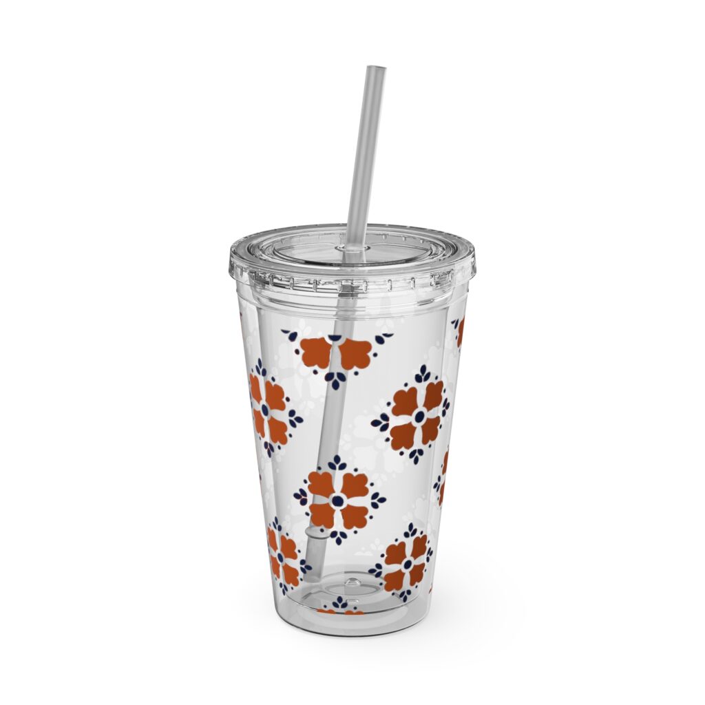 Sunsplash 16oz Tumbler with Straw — Boho Orange Floral Reusable Cup