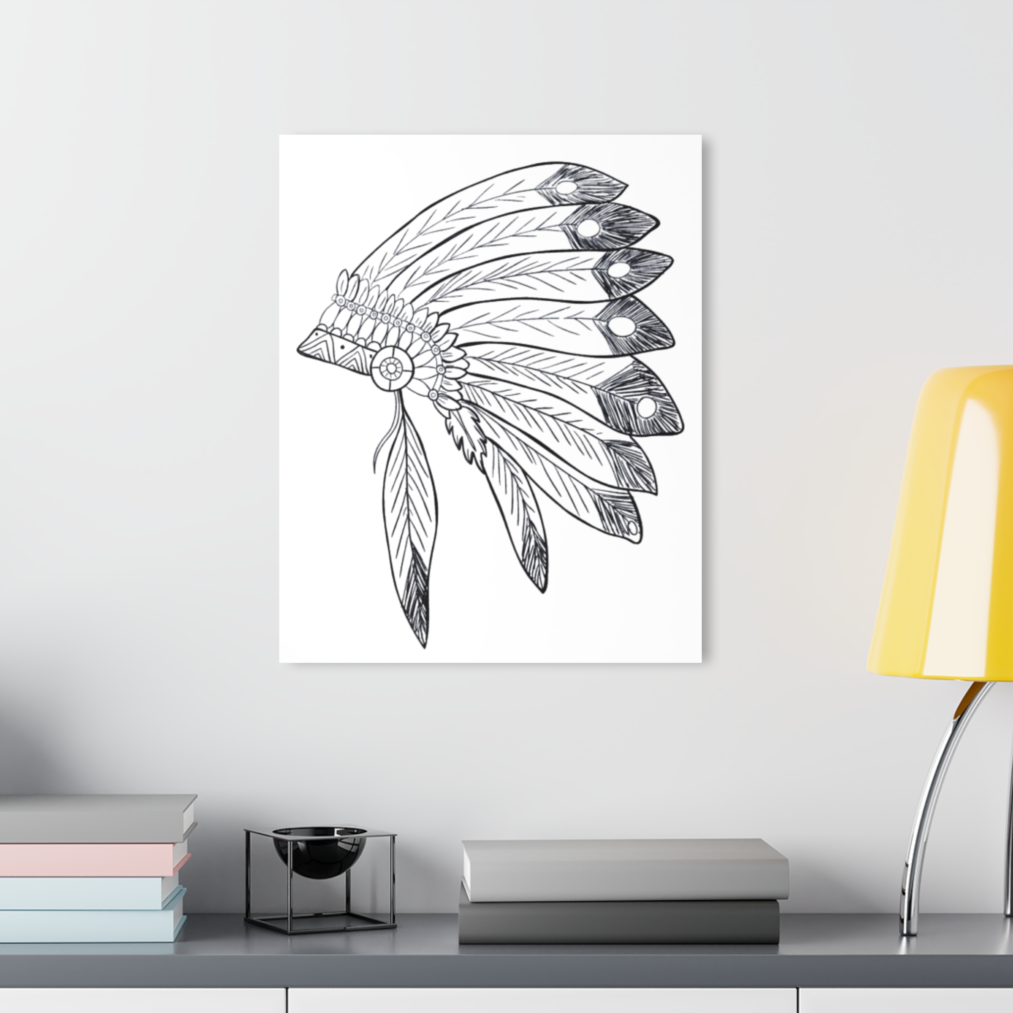 Acrylic Wall Art - Hand-Drawn Feather Headdress Print (French Cleat) - Image 14