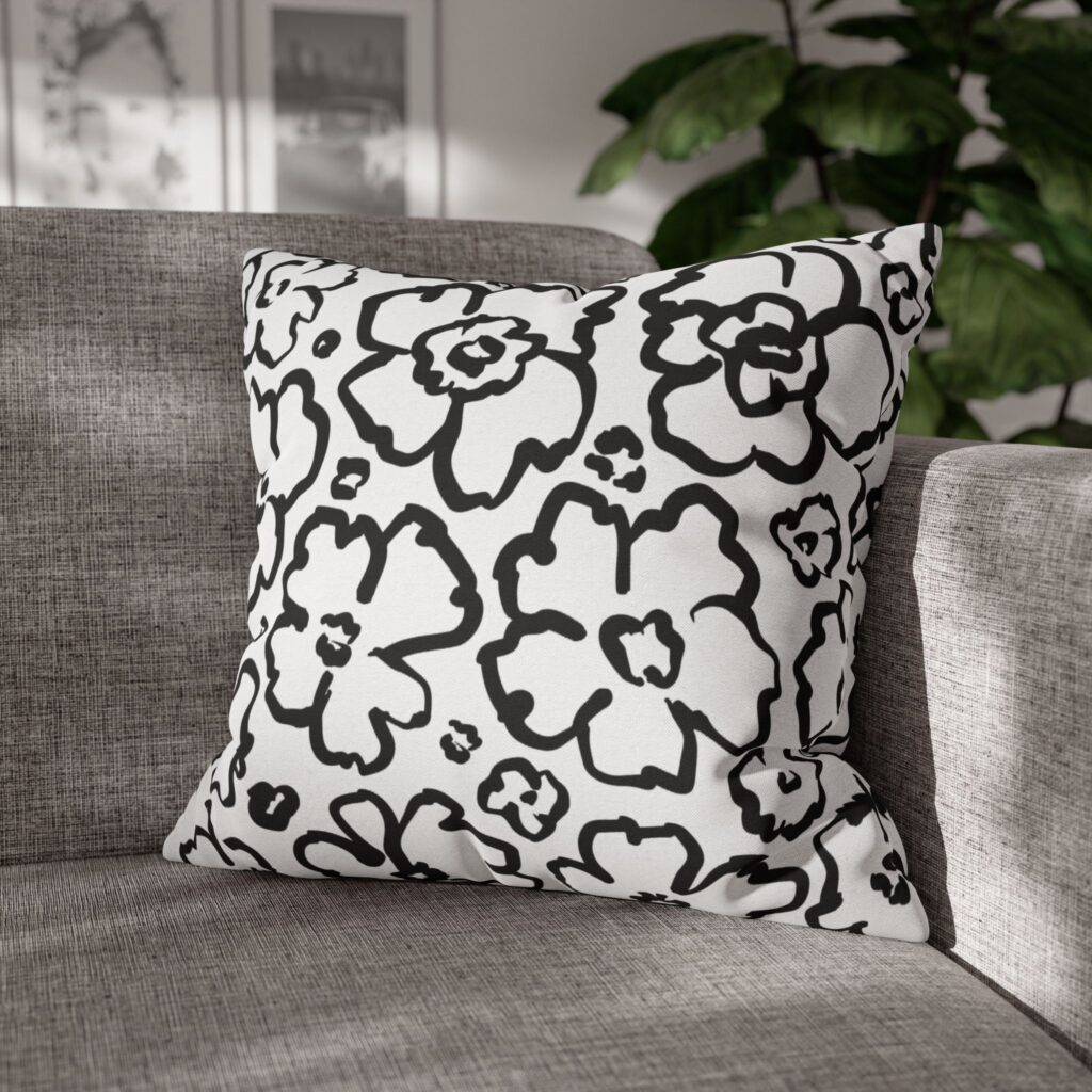 Black and White Floral Square Pillowcase